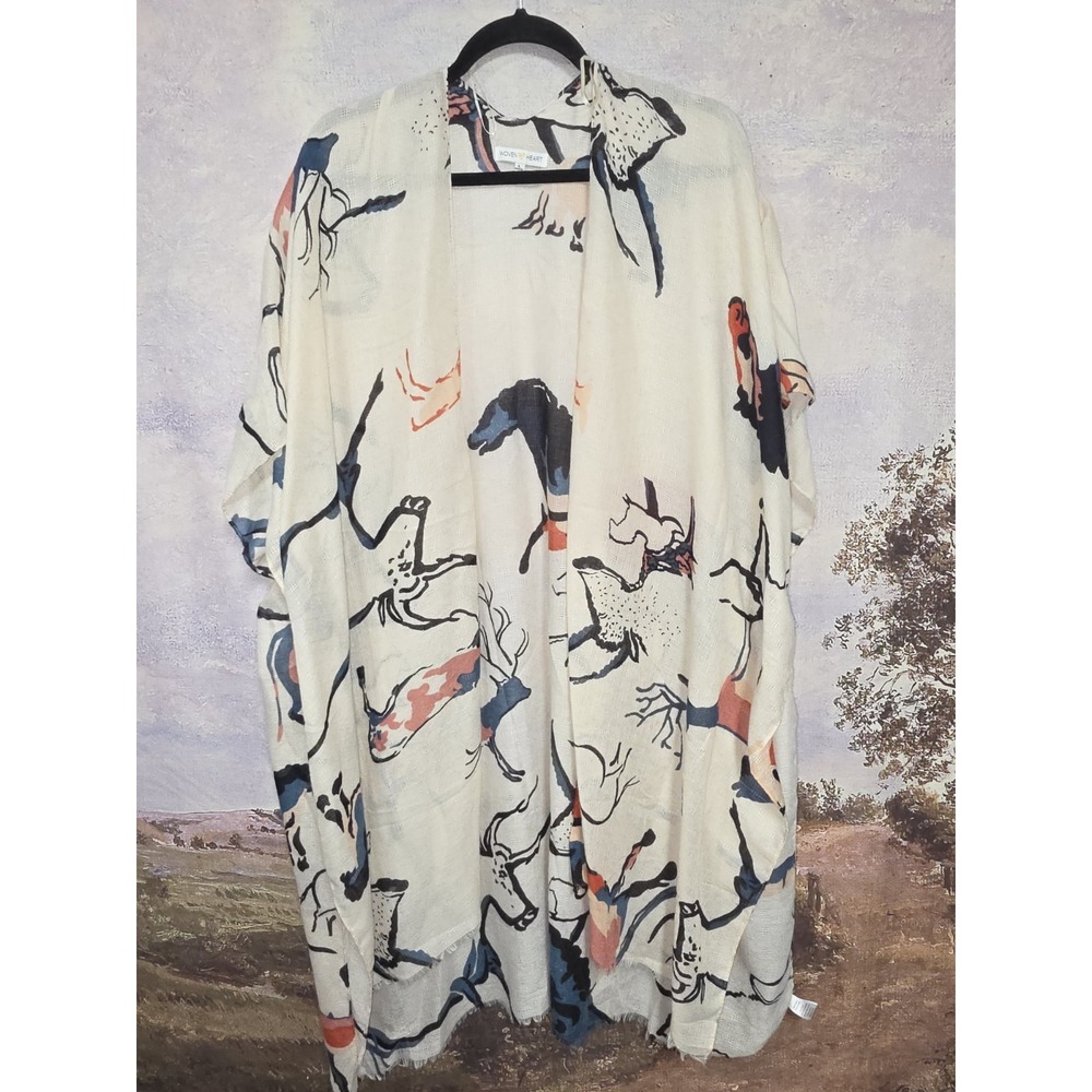 Woven Heart Abstract Animal Print Kimono Cardigan Open Front OS